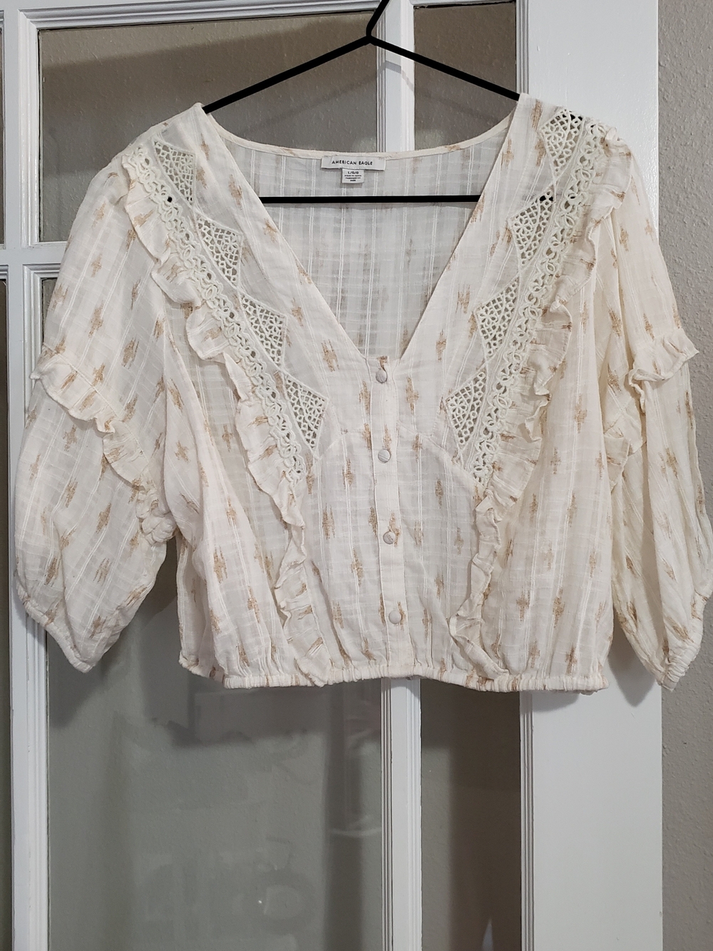 American Eagle Outfitters Cream Ruffle Crochet Button-Front Blouse